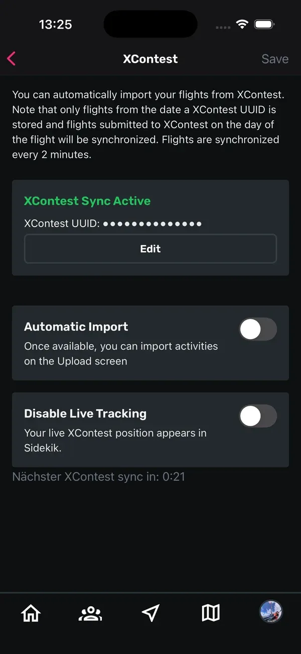 XContest-Einstellungen mit der UUID, dem Schalter Automatic Import und dem Schalter Disable Live Tracking