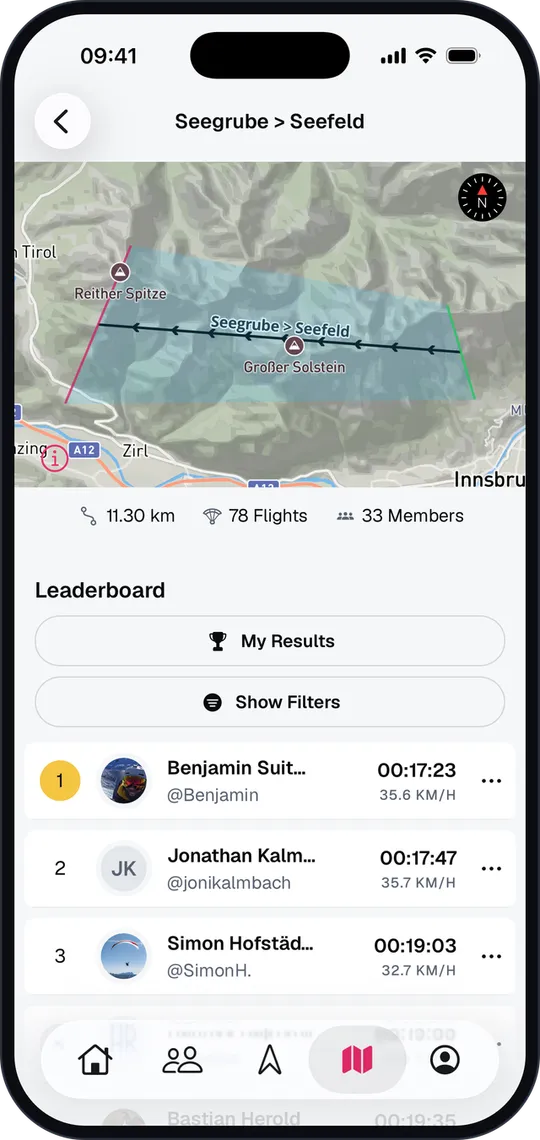 Segment Seegrube > Seefeld mit Karte, Filter und Bestzeiten