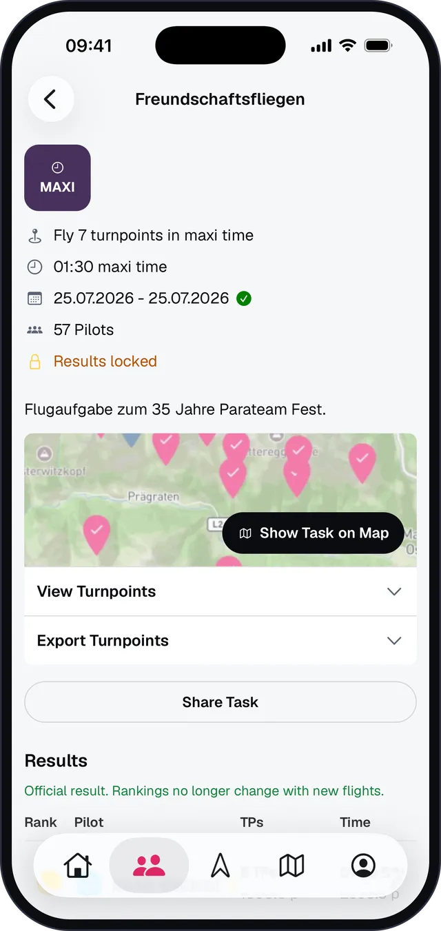 Flugaufgabe Freundschaftsfliegen mit 57 Piloten und Auswertung