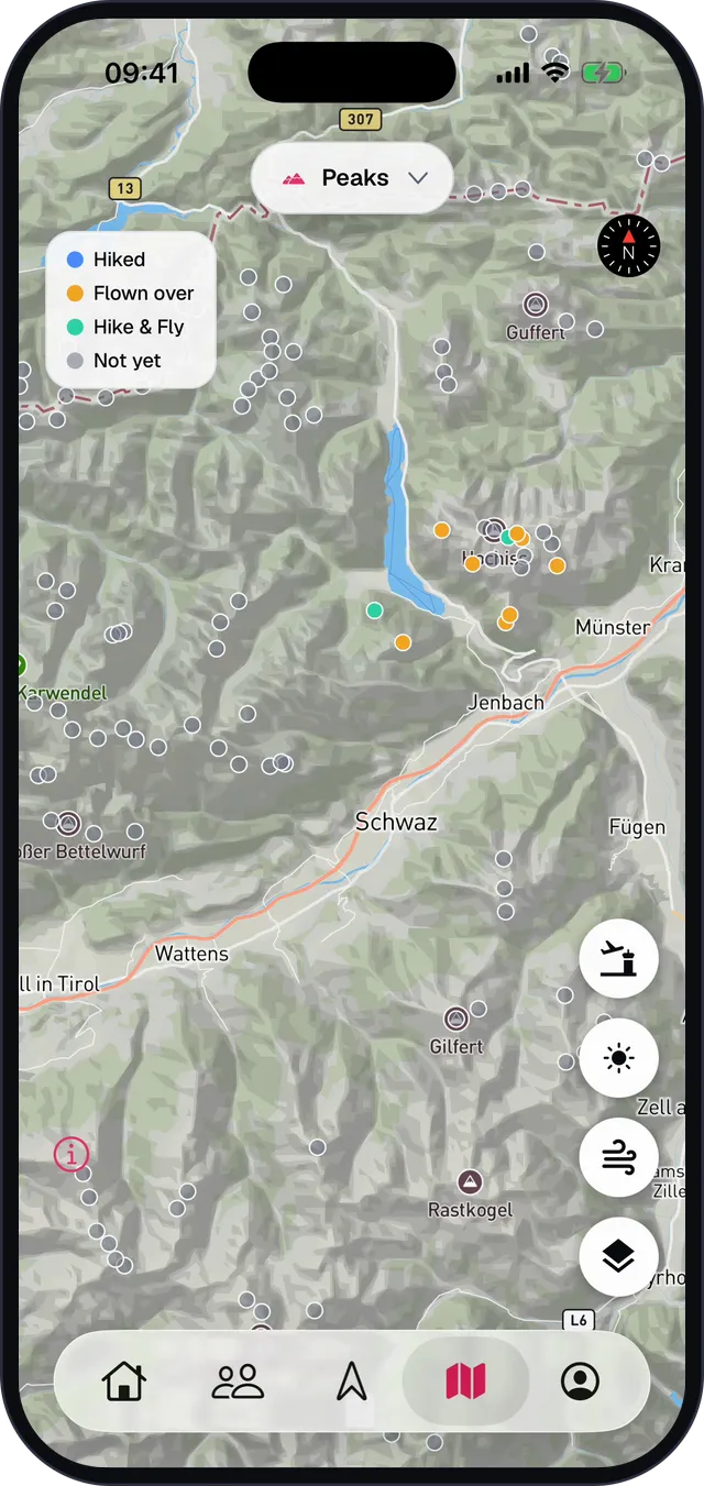 Peaks-Karte am Achensee: gesammelte Gipfel farbig, offene grau; der Zwölferkopf ist als Hike & Fly gesammelt