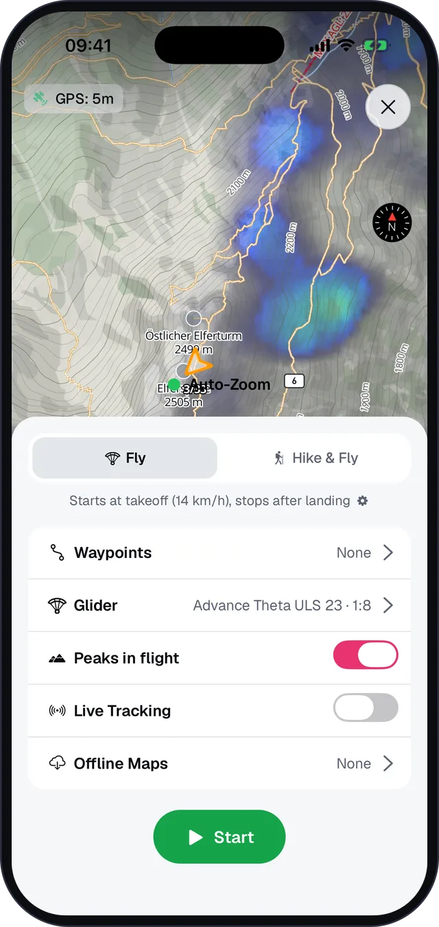 Sidekik Tracking im Flug: Kreisen in der Thermik über dem Stubaital, dann die ganze Karte mit Gipfeln und Livewind