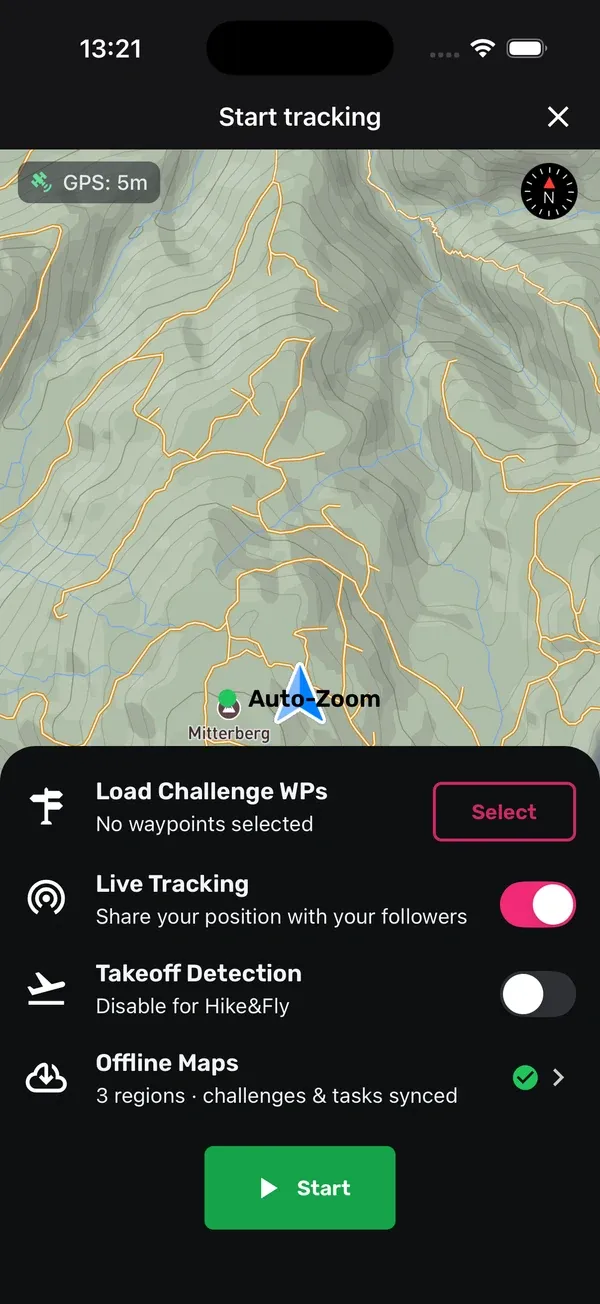 Tracking-Bildschirm mit Höhe, Geschwindigkeit und Vario oben, der Karte und Zeit und Distanz unten