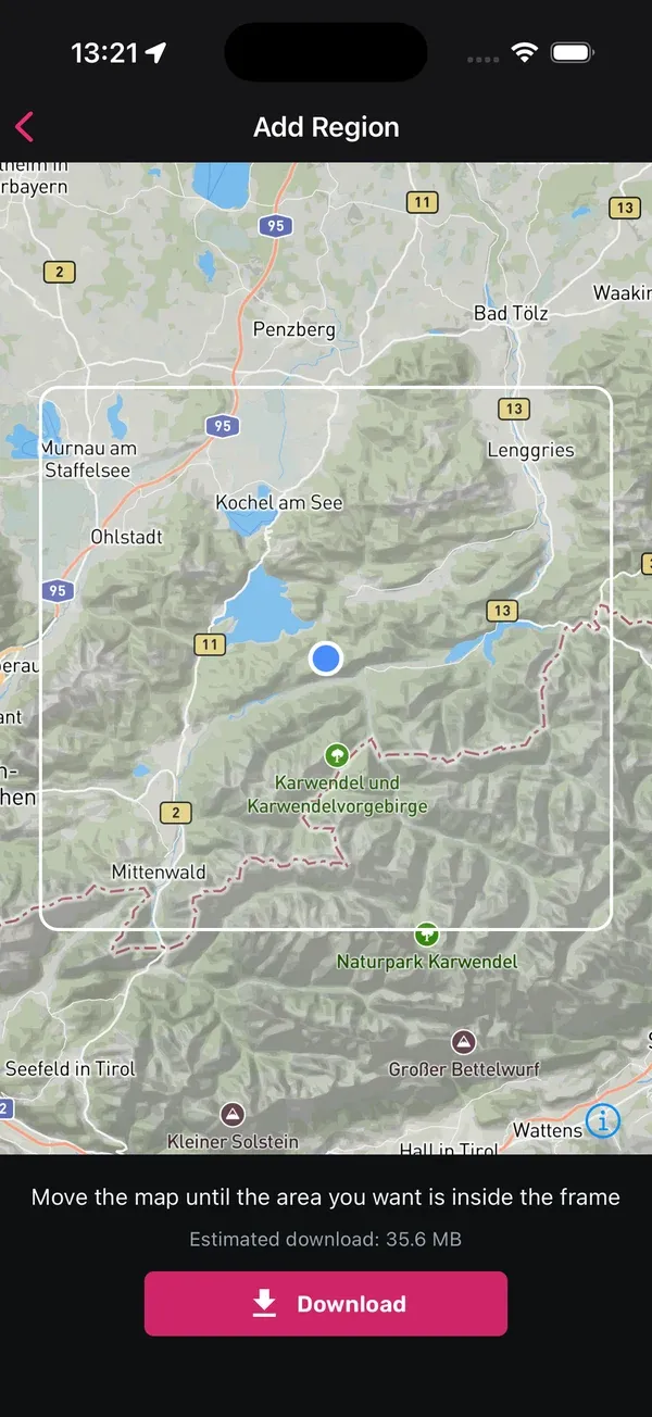 Bildschirm „Add Region“ mit dem Rahmen auf der Karte und dem Download-Button
