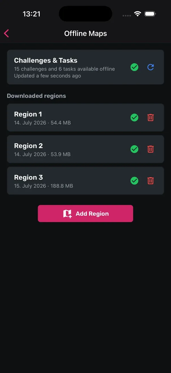 Bildschirm „Offline Maps“ mit der Karte Challenges &amp; Tasks und drei heruntergeladenen Regionen