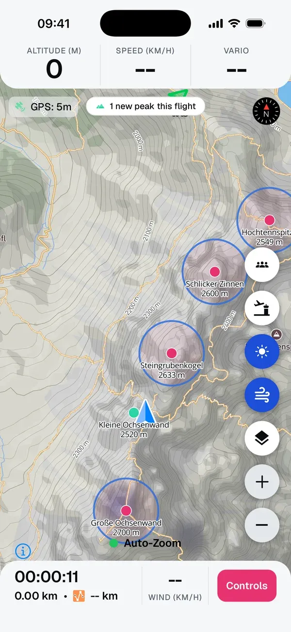 Tracking-Bildschirm mit dem Banner „Neuer Peak gesammelt!“ und den Gipfeln samt Sammelzonen