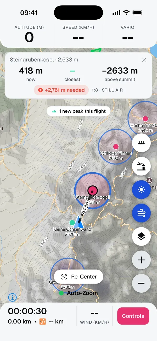 Ziel-Panel für einen Gipfel mit der Entfernung jetzt, der nächsten Entfernung und der Höhe über dem Gipfel